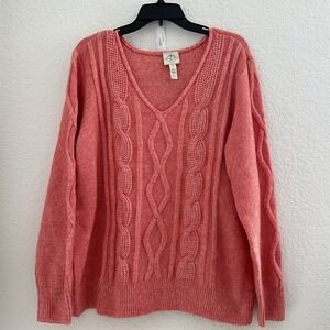 St Johns Bay Cable Knit V-Neck Sweater Women's XXL‎ Coral Fisherman Granny *READ